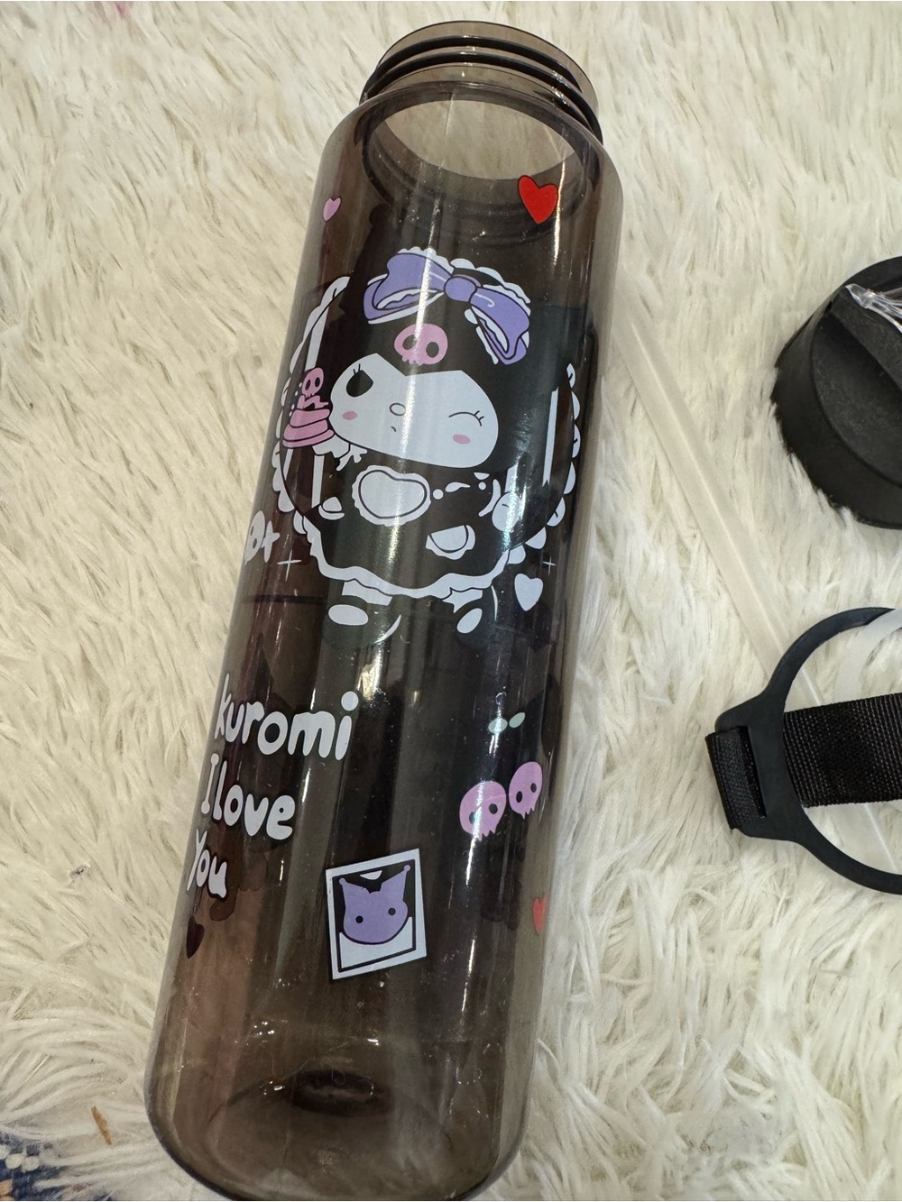Kuromi Lolita black Water Bottle - Smoky Purple with Pink Accents strap to hold